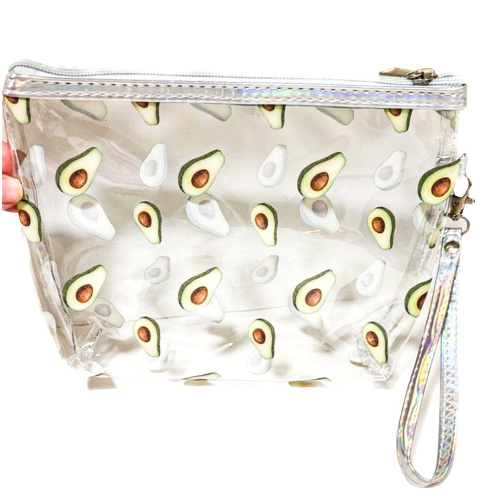NEW - Clear Avocado Print Wristlet / Cosmetic Makeup Bag Case w Hologram Piping